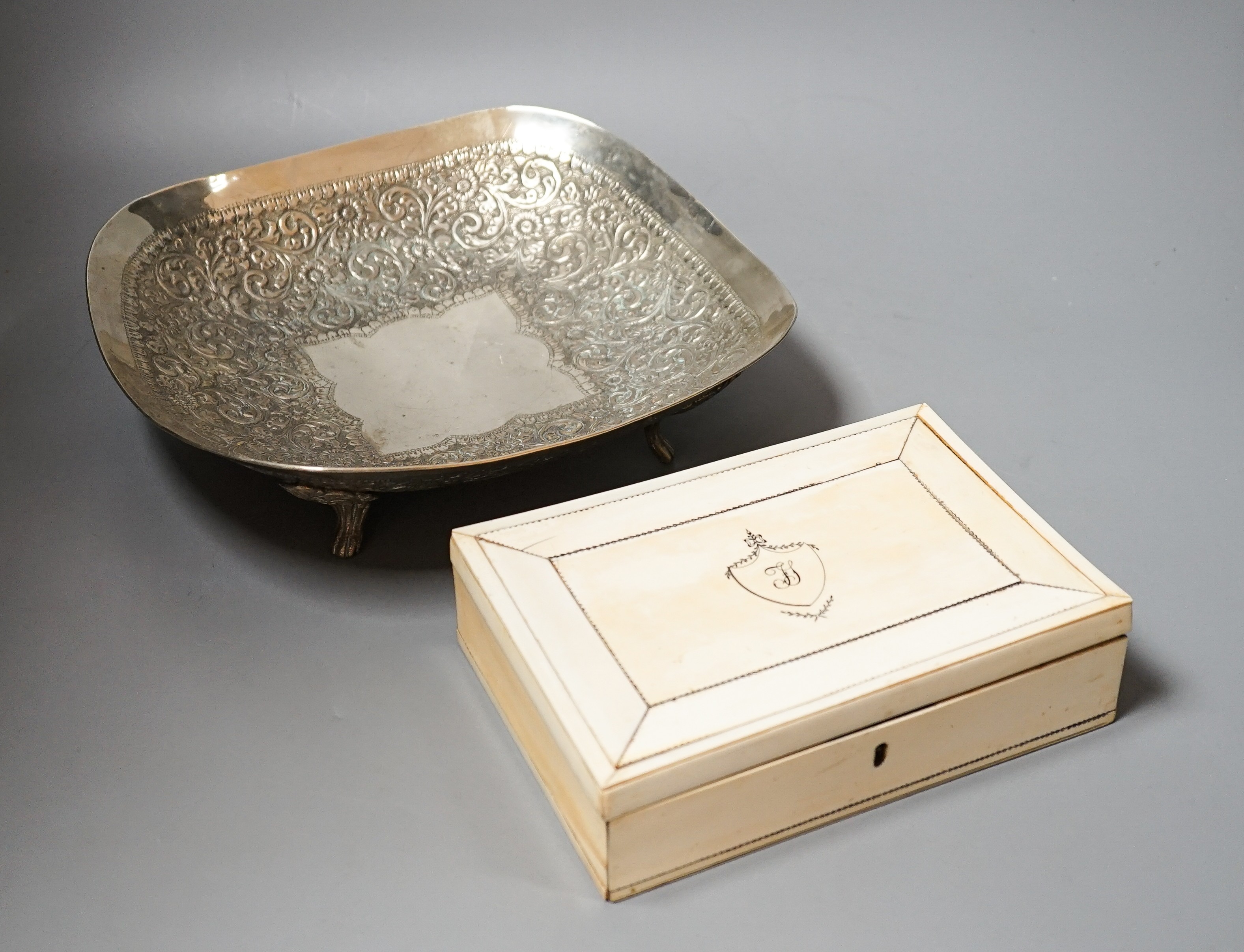 A Vizagapatam ivory veneered sandalwood box, 20.5cm and a metal dish